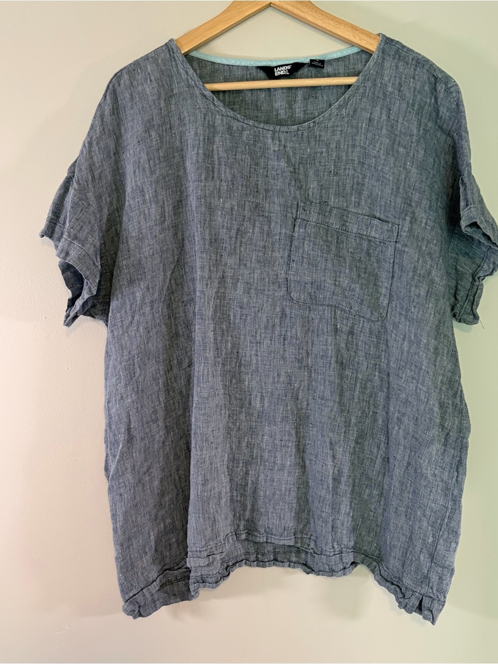 Lands End Top Womens Size  XL Blue Linen Tunic Round Neck Pockets Coastal Preppy